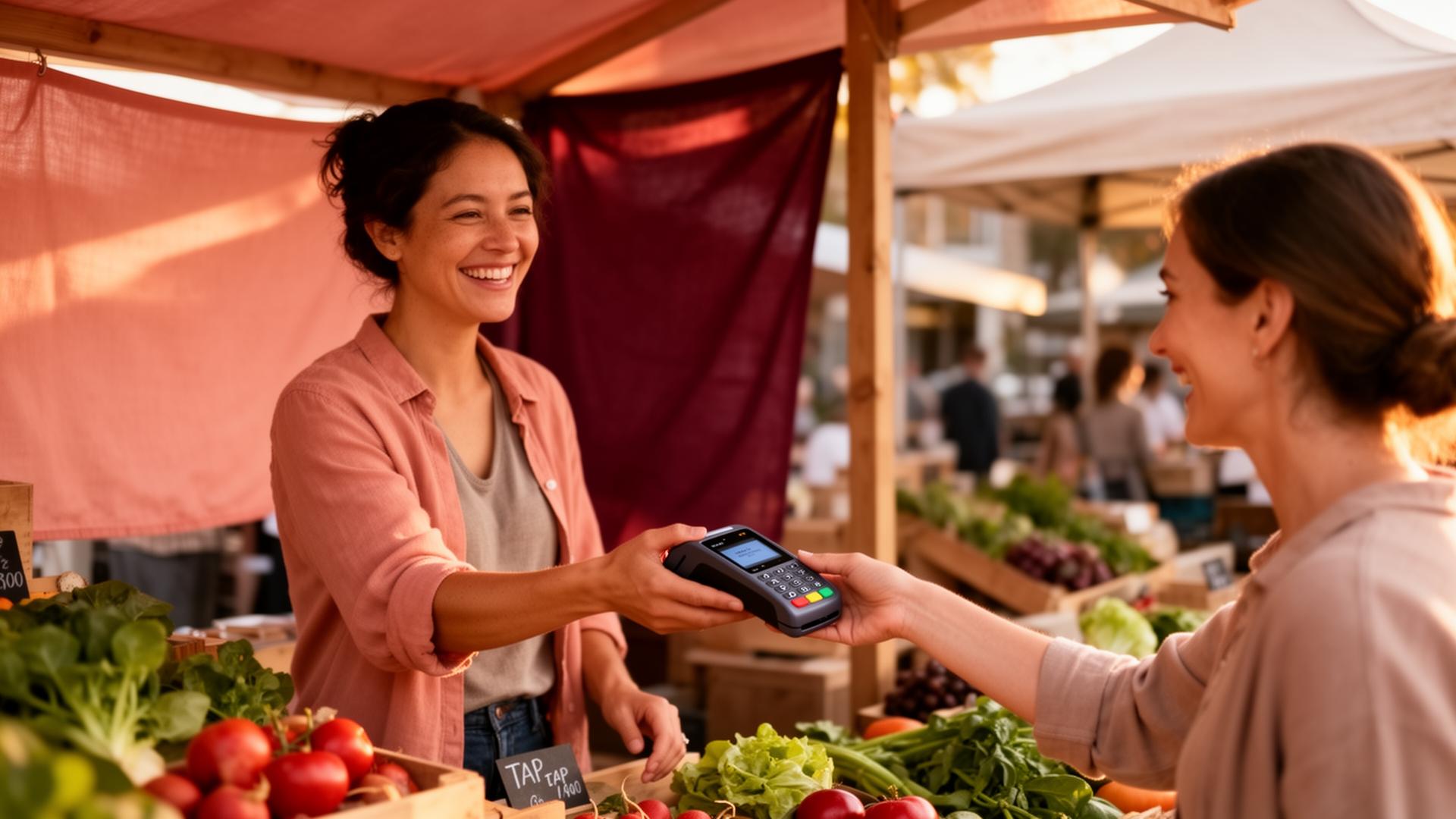 Local market vendor taking a tap payment from a customer